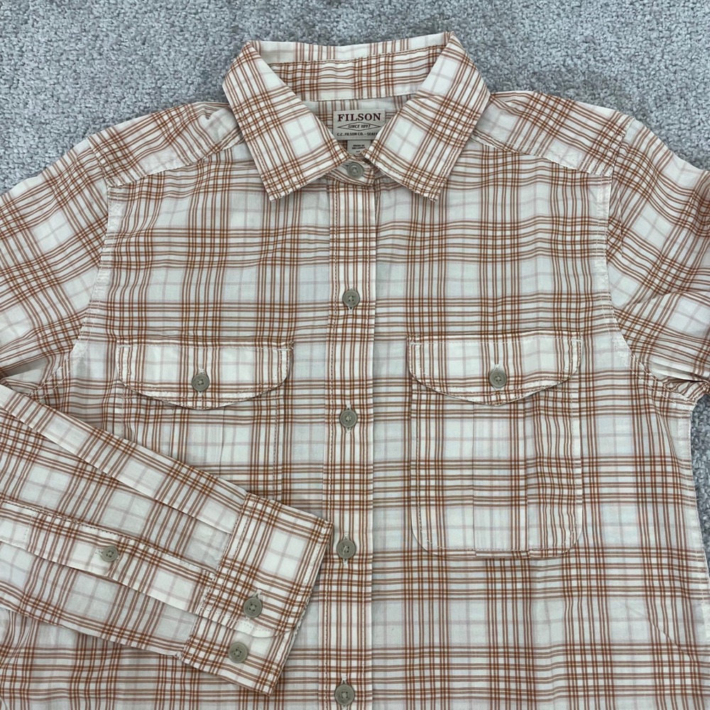 Filson Womens Extra Small White Tan Plaid Cotton Button Down Shirt XS Heritage